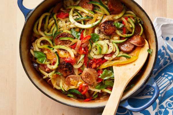 Zucchini Noodles and Summer Vegetables with Sweet Pepper Chicken Sausage