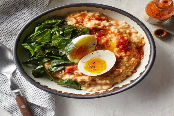 Savory Oatmeal with Chedda, Collards & Eggs