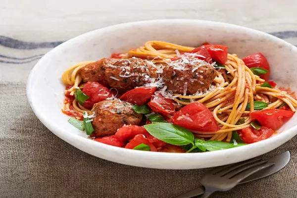 Spaghetti & Chicken Meatballs with No Cook Tomato Sauce