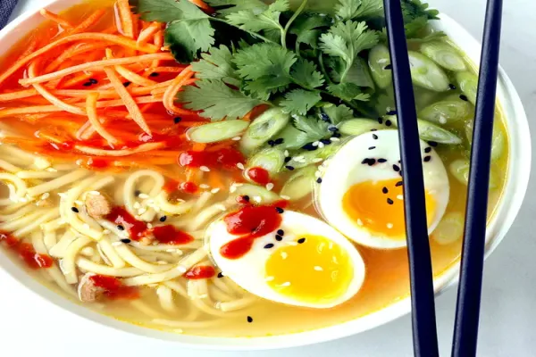 Spicy Chicken Noodle Soup with Soft Boiled Eggs