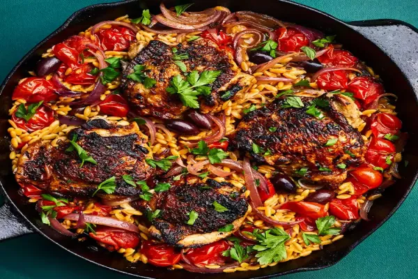 Skillet Chicken with Orzo & Tomatoes
