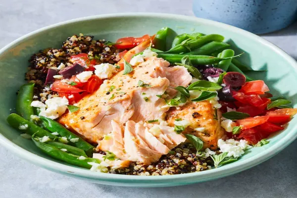 Salmon & Quinoa Bowls with Green Beans Olives & Feta