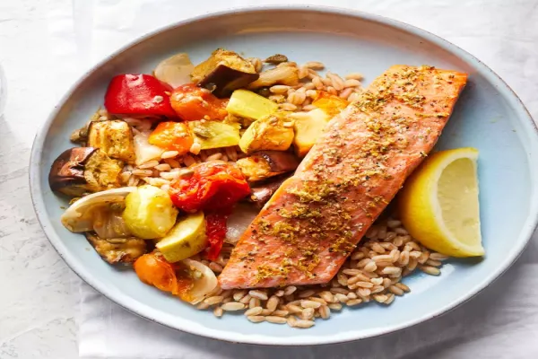 Lemon Herb Salmon with Caponata & Farro
