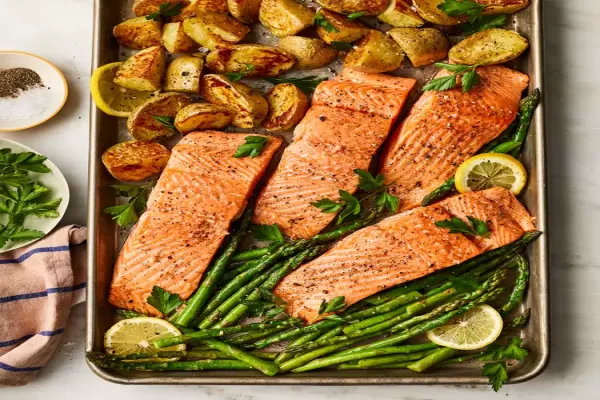 Garlic Butter Roasted Salmon with Potatoes & Asparagus