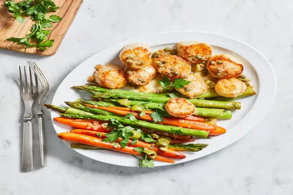 Scallops & Spring Vegetables with Olive Caper Pan Sauce