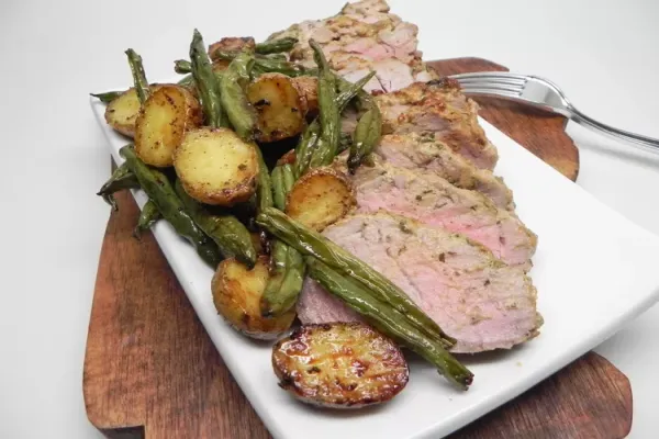 Air Fryer Mustard Crusted Pork Tenderloin with Potatoes and Green Beans