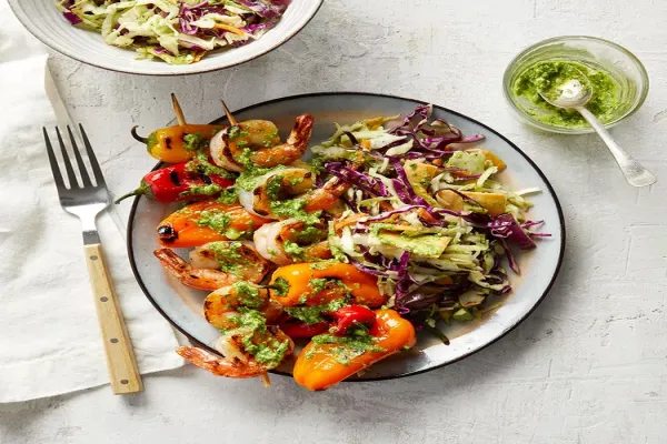 Shrimp & Pepper Kebabs with Grilled Red Onion Slaw