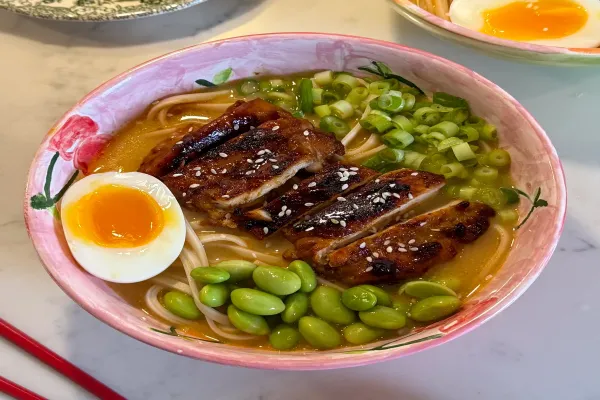 Chicken Ramen Noodle Soup with Honey Sriracha Crackers