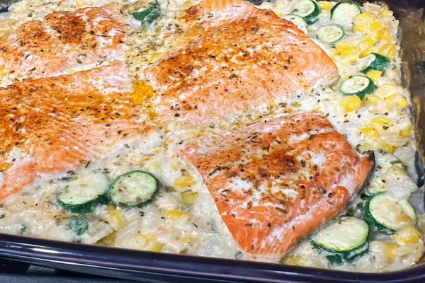One Pan Creamy Baked Salmon and Orzo