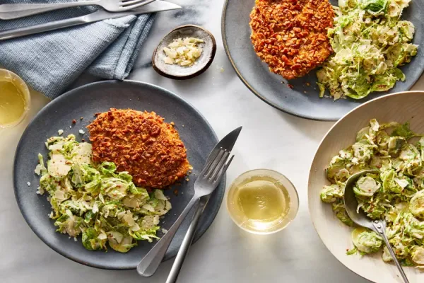 Pretzel Schnitzel with Mustardy Brussels Sprouts Slaw