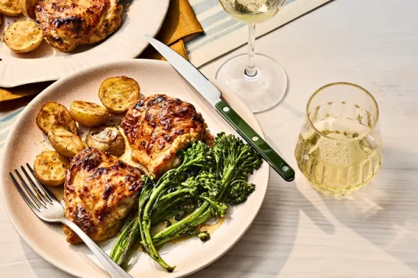 Yogurt Marinated Chicken Thighs with Potatoes and Broccolini