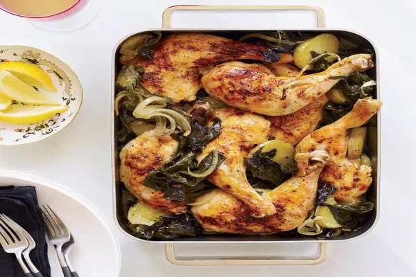 Roasted Chicken Legs with Potatoes and Kale