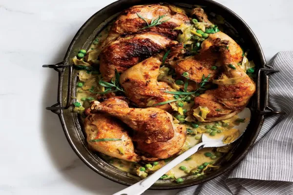 Vinegar Braised Chicken with Leeks and Peas
