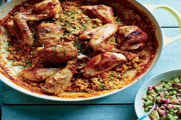 Arroz con Pollo with Avocado Green Pea Salsa