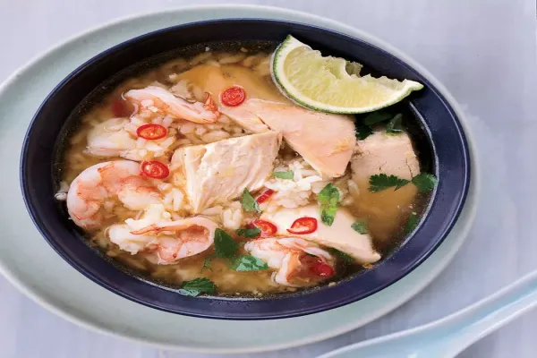 Cambodian Chicken and Rice Soup with Shrimp