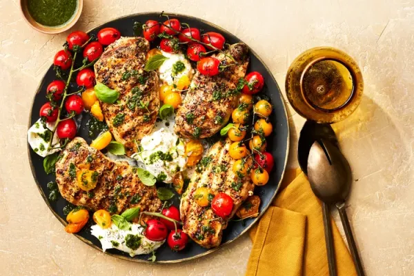Grilled Chicken Caprese Salad with Basil Oil
